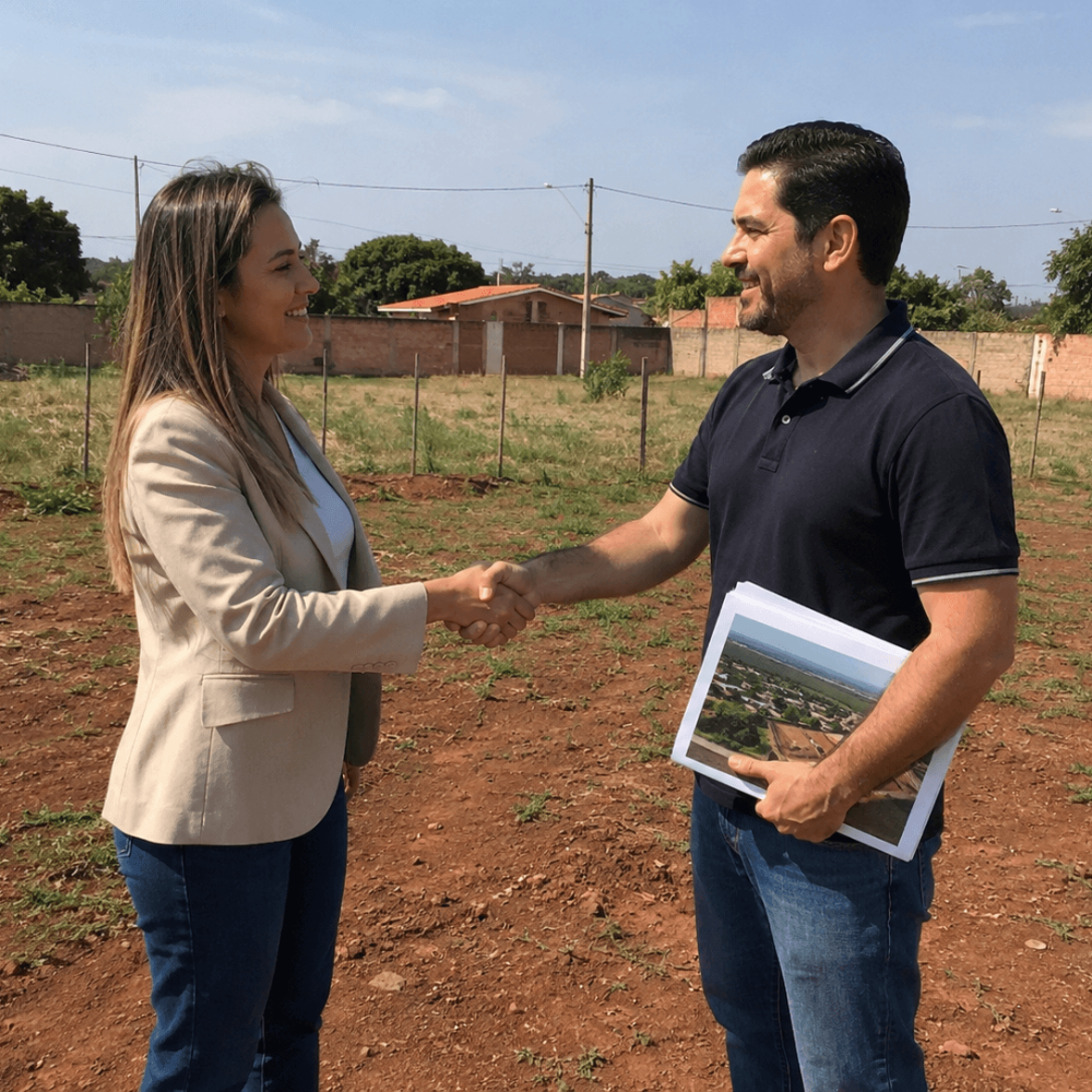Acheteur et vendeur se serrant la main sur un terrain au Paraguay