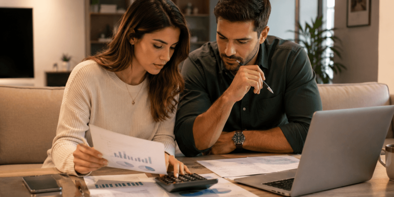 Couple calculant les revenus locatifs et les charges d’un investissement immobilier au Paraguay