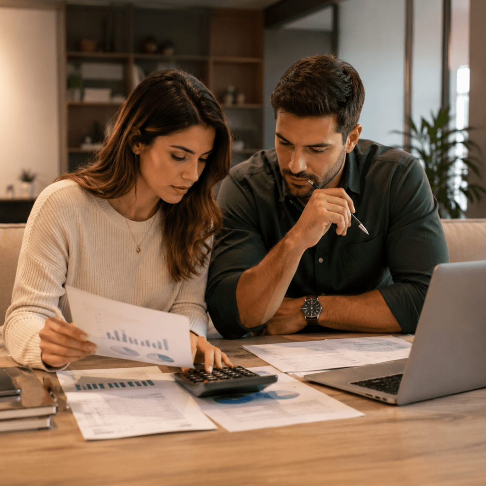 Couple calculant les revenus locatifs et les charges d’un investissement immobilier au Paraguay