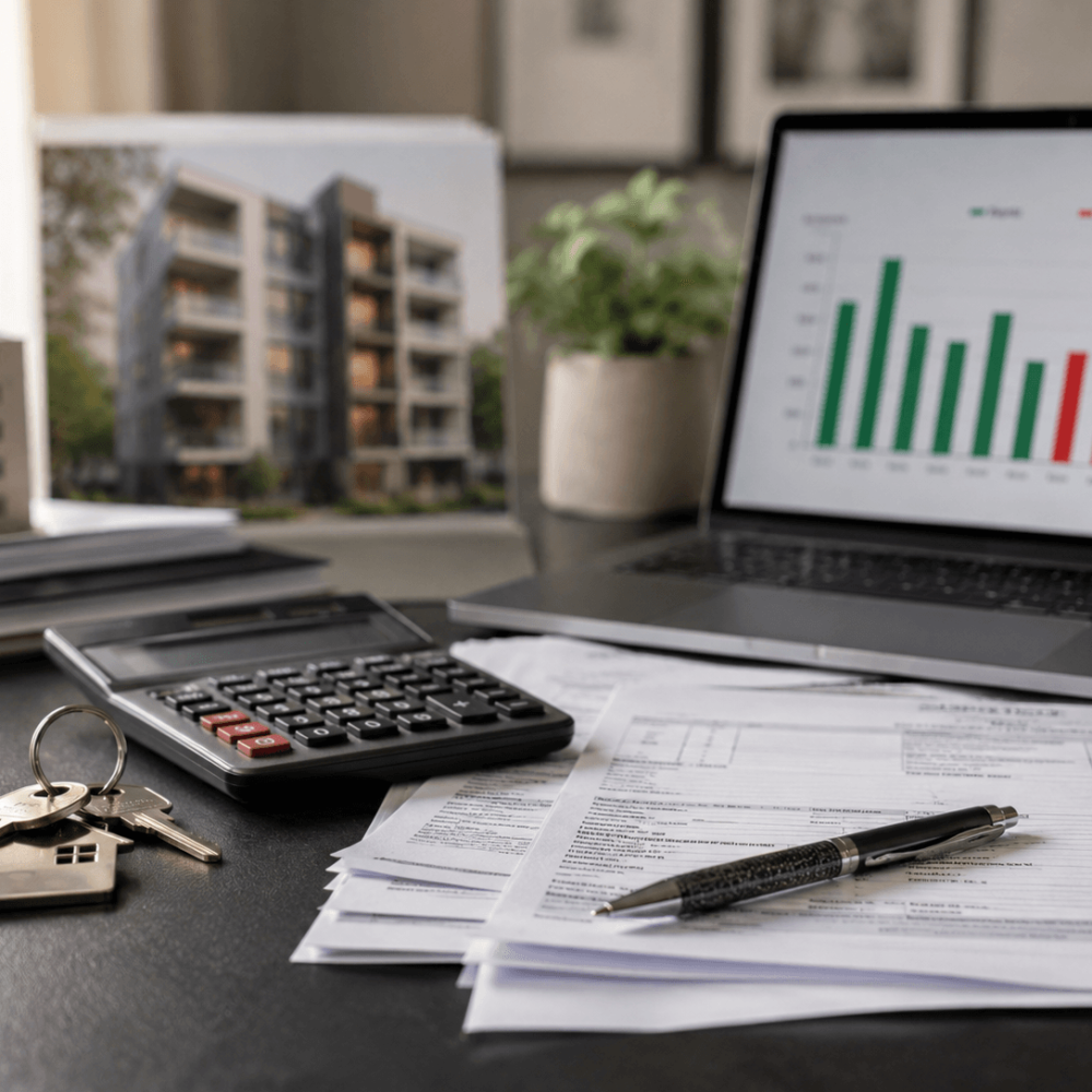Documents fiscaux, calculatrice et clés d’un bien immobilier au Paraguay