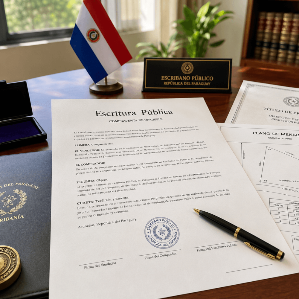 Documents de vente immobilière examinés dans une étude notariale au Paraguay