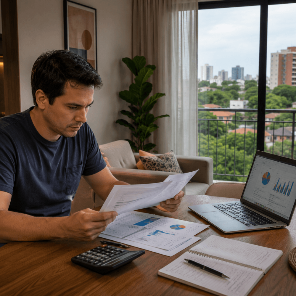 Investisseur analysant les revenus locatifs et les charges de son bien immobilier au Paraguay