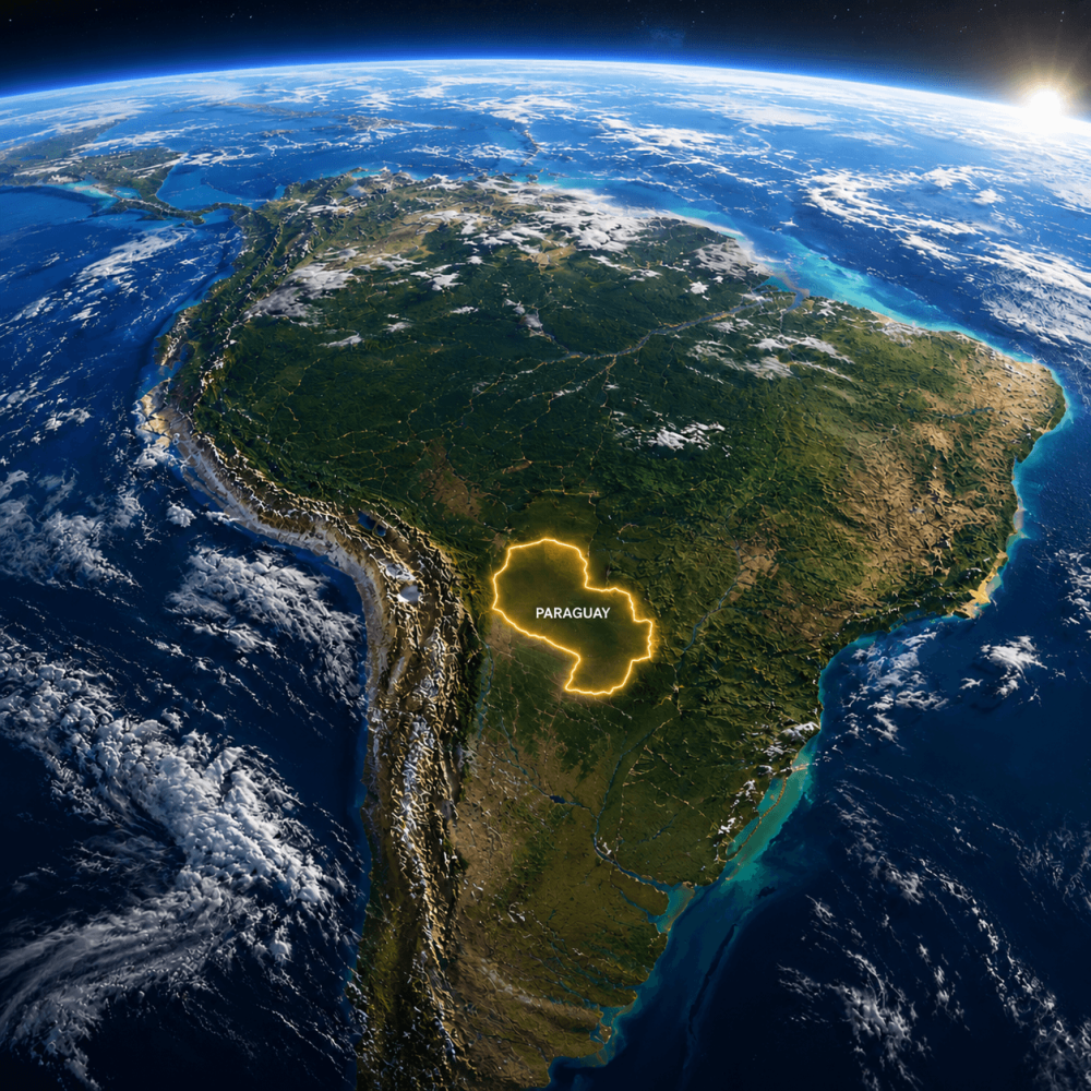 Vue de l’Amérique du Sud depuis l’espace avec le Paraguay mis en évidence au centre du continent.