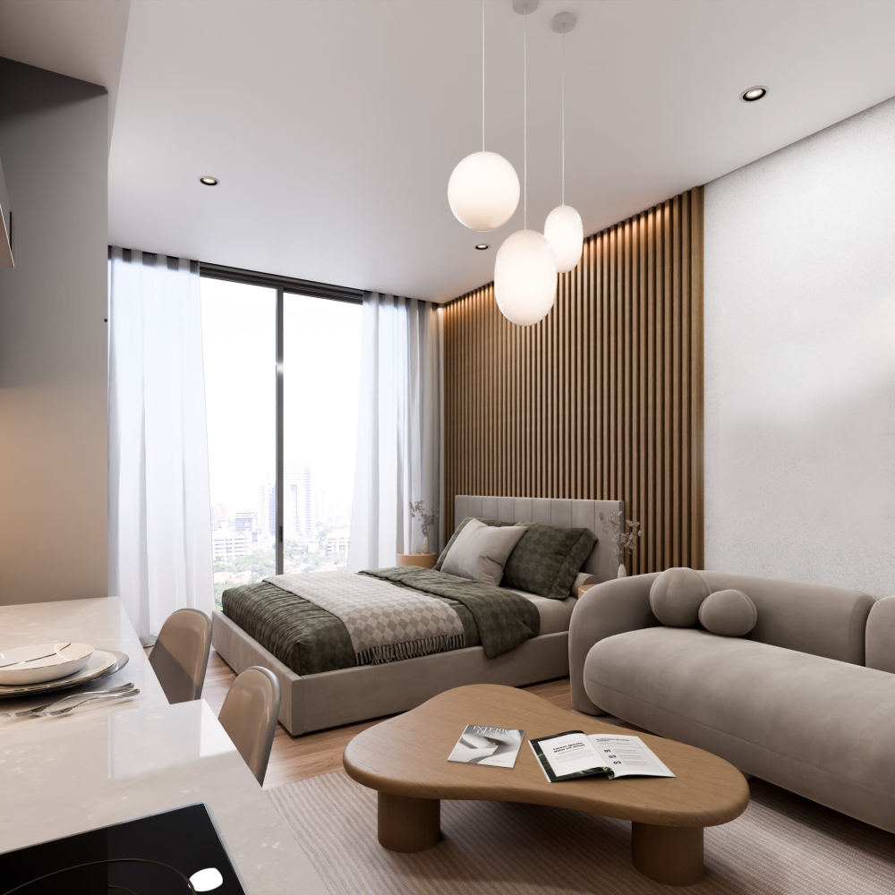 Studio moderne avec lit, salon, cuisine ouverte et baie vitrée dans le projet Narciso La Cuadrita à Asunción au Paraguay.