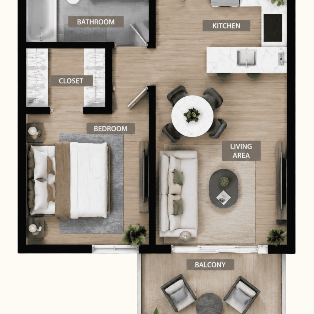 Plan d’un appartement 1 chambre du projet Marena à Luque, Paraguay destiné à un rendement locatif au Paraguay