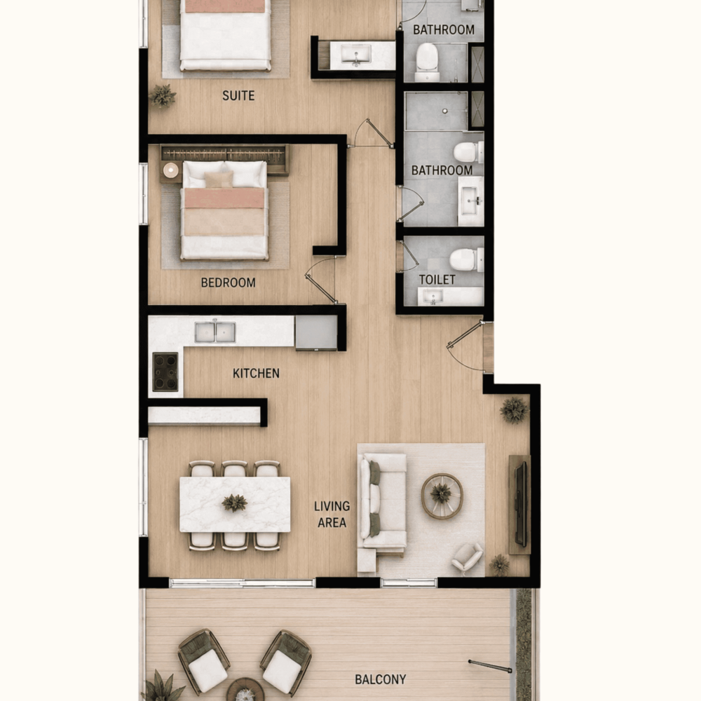 Plan d’un appartement de 2 chambres du projet Marena à Luque, Paraguay