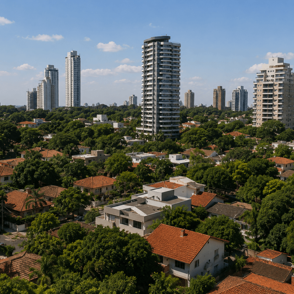 Vue du quartier de Las Lomas à Asunción avec des résidences arborées et des immeubles modernes
