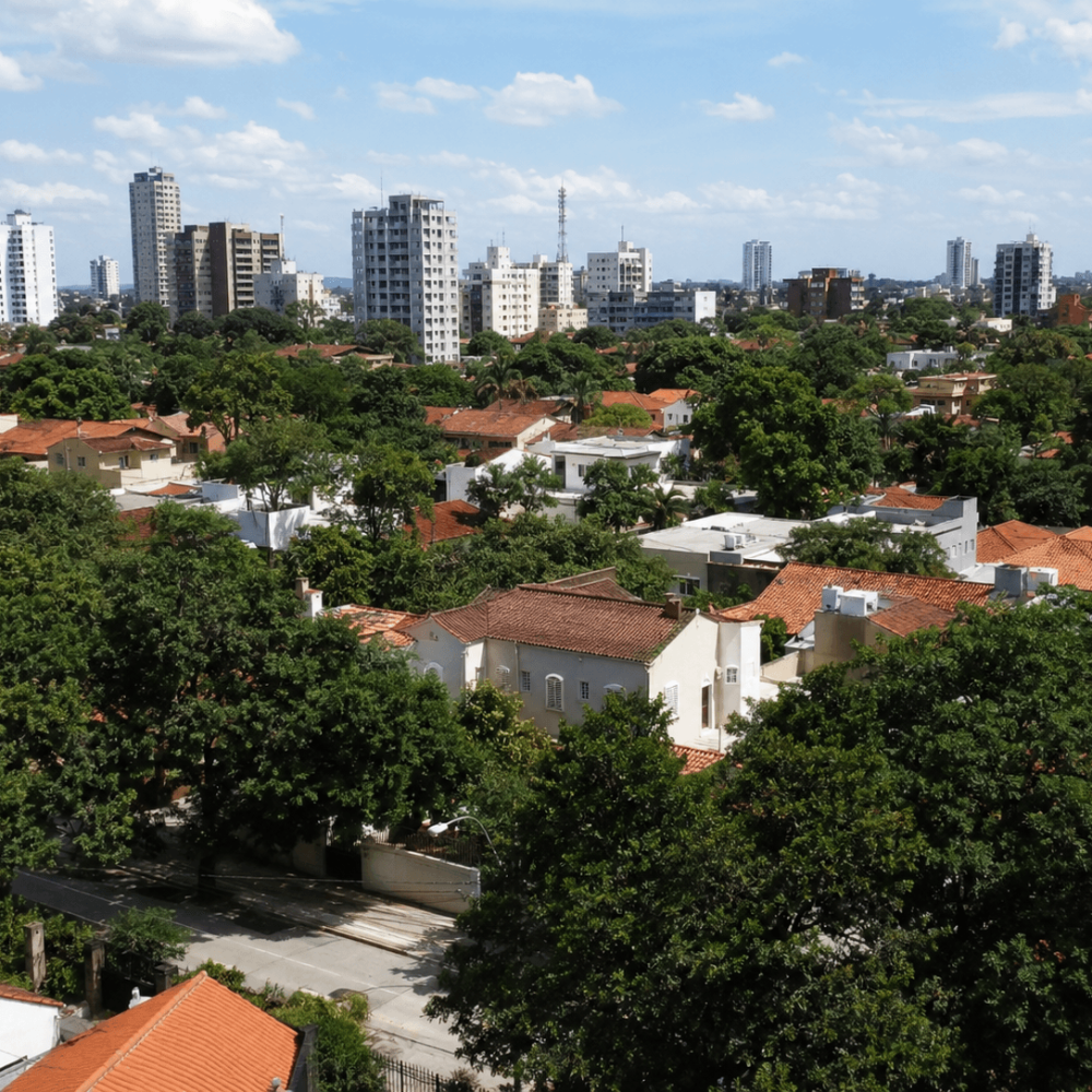 Vue aérienne du quartier de Recoleta à Asunción avec des maisons arborées et des immeubles modernes