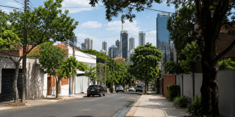Rue arborée dans un quartier résidentiel d’Asunción avec des immeubles modernes en arrière-plan