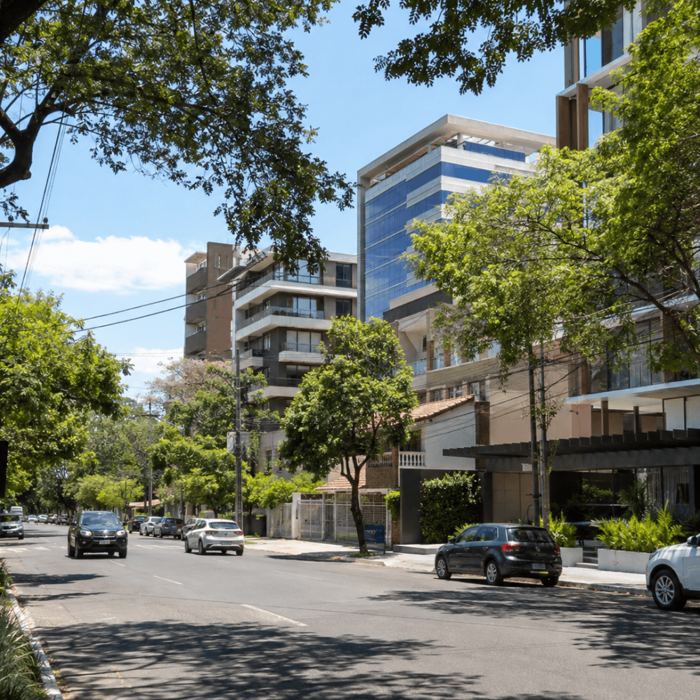 Rue arborée du quartier de Villa Morra à Asunción avec des immeubles modernes