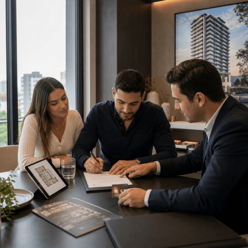 Couple signant un formulaire de réservation pour une unité immobilière neuve à Asunción, au Paraguay.