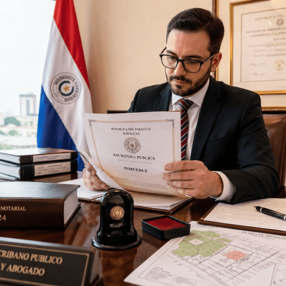 Notaire vérifiant un titre de propriété et un plan cadastral au Paraguay